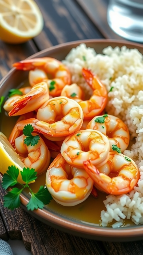 Garlic butter shrimp served with rice and lemon wedges on a rustic table.